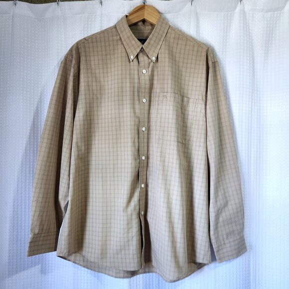 Arnold Palmer Plaid Shirt Men's Large 16.5 Long Sleeve Button Down Tan and White - Picture 5 of 10